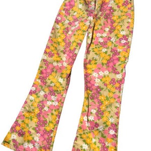 Vintage 60s 70s Flower Power Bell Bottom Pants, 1960s 1970s Twill