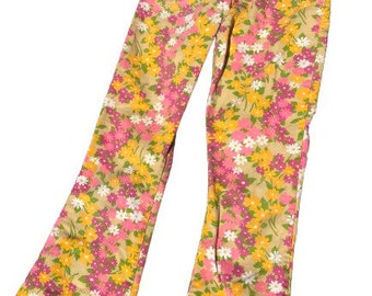Vintage bell bottoms, mod flower power jeans, kids 70s hippie floral flair jeans