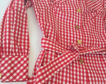 Vintage Gingham oversized blouse   sear sucker sailor jacket red white check belted cruise wear jacket