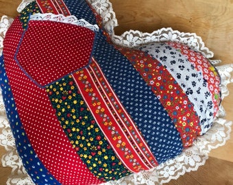 Vintage heart patchwork pillow, cottage core decorative lace throw pillow shabby cottage decor, love heart shape tooth fairy pillow NOS
