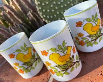 Vintage bird cups mini ceramic yellow birdie tea cups decorative floral bird cups bathroom decor mid century cottage home decor