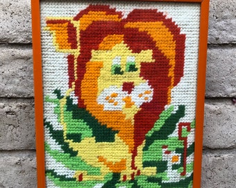 Vintage Lion needlepoint, lion and  flower pop art wall hanging, children’s room decor SEE DETAILS