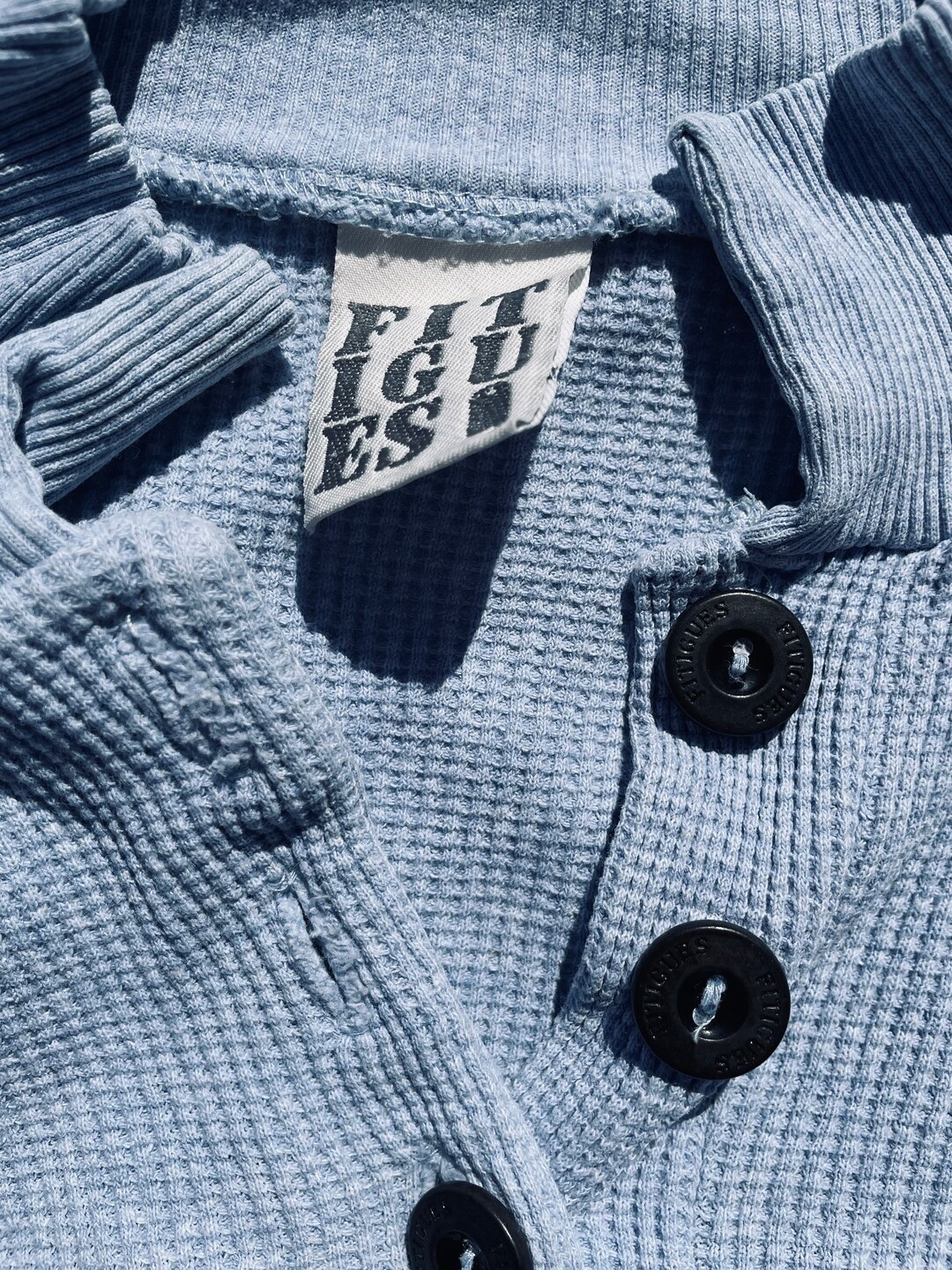 Vintage FITIGUES Waffle Weave Polo Style Pullover Mod 80s Grayish Blue