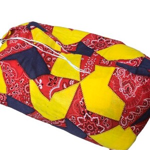 Vintage patchwork sleeping bag, hippie zip up cabin blanket camping gear, mod overnight bag cabin gear NOS