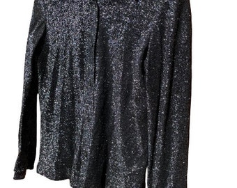 Vintage black silver fleck blouse 70s sparkly Saturday Night Fever wide collar glitzy glam blouse