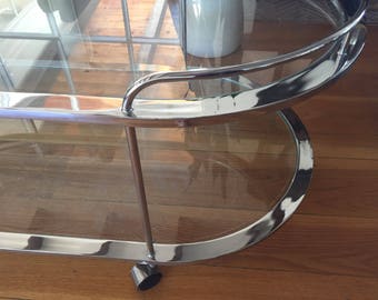 Vintage Chrome glass coffee table Milo Baughman STYLE 2 teired glass oval table mod rolling cart mod buffet server bar cart patio table