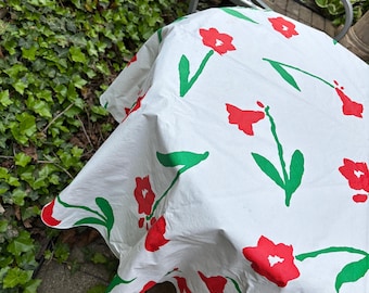 Vintage mod floral Picnic Tablecloth,Marimekko STYLE vinyl tablecloth,round Patio table cover, vibrant abstract red flowers green stem READ