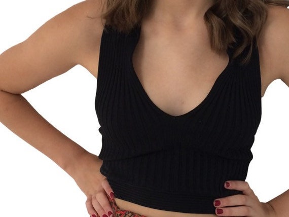 Mod Halter crop plunge ribbed silk spandex black t