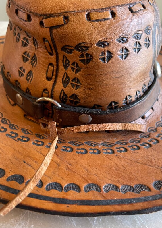 Vintage cowboy hat tooled laced leather cowboy ha… - image 5