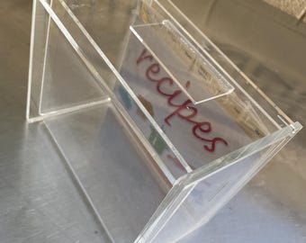 Vintage lucite recipe storage box acrylic recipe file 80s mod recipe storage box with categorized index card tab files NOS