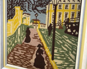 Vintage French Street Scene needlepoint George Seurat Style Sunday Afternoon on the Island of La Grande Jatte Parisian INSPIRED Framed Art