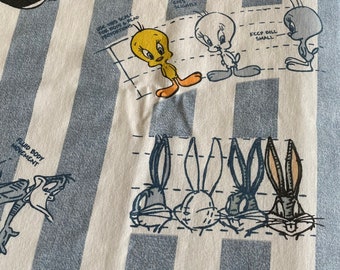 Vintage Looney Tunes sheet, Tweety Bird Sylvester Bugs Bunny Tasmanian Devil Daffy Duck cartoon bedding, 90s kids sheet fabric NOS
