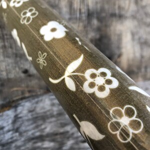Vintage Flower Power contact paper, Mod daisy peel stick wallpaper shelf liner, brownish olive tone craft supply room decor Rubbermaid NOS