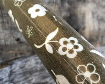 Vintage Flower Power contact paper, Mod daisy peel stick wallpaper shelf liner, brownish olive tone craft supply room decor Rubbermaid NOS