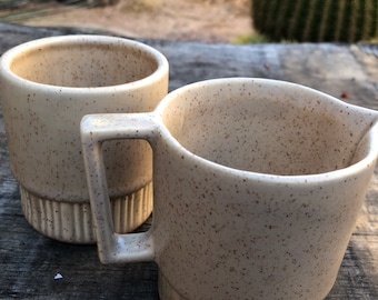 Vintage creamer and sugar stoneware set, MCM stoneware creamer and sugar set ribbed pottery mod coffee serving set