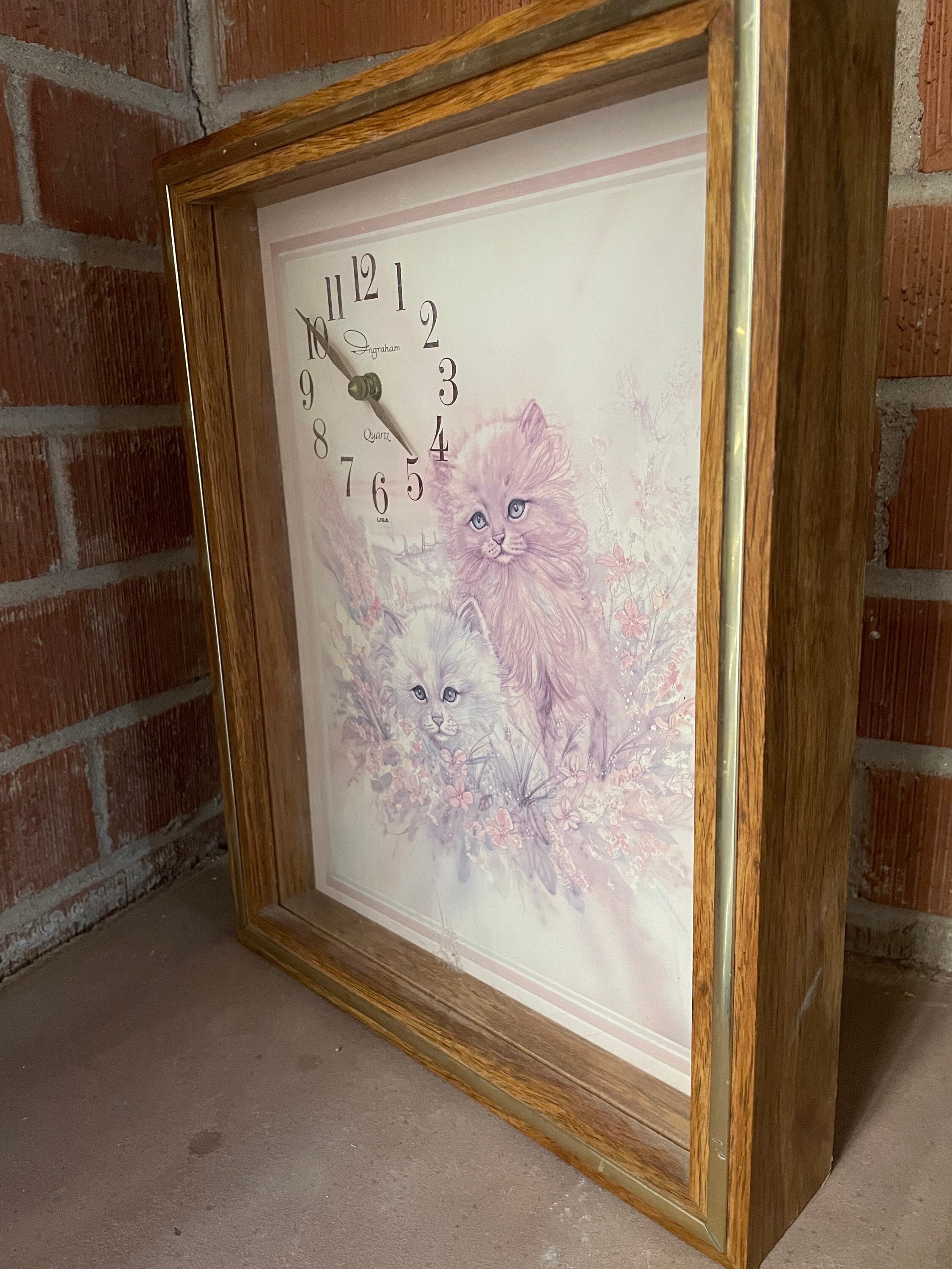 Rustic Cat Clock Vintage Cat Clock, Framed Wall Clock Kitty Cat Themed, Ingraham Kitty ...