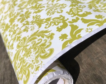 Vintage Toile contact paper, French Florentine wallpaper, Floral damask STYLE shabby cottage shelf drawer liner, citrus green peel stick NOS