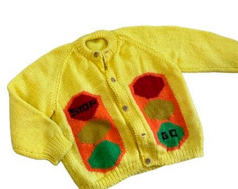 Vintage Kids color block sweater, stop go pop art wool cardigan hand knit jacket, child’s red light green light sweater jacket unisex READ