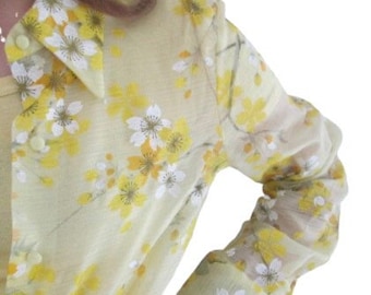 Vintage flower power blouse, 70s sheer floral Hawaiian mod blouse, butter yellow sheer Chinoiserie blouse NOS