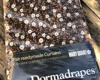 Vintage floral curtains, calico flower power dorm drapes ready made  curtains, brown floral room divider panels 2 easy hang long panels NOS