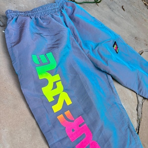 Vintage nylon surf pants, iridescent track pants, 90s Surf Style "Interplanetary Body Gear" pants. windbreaker-style pants NOS READ DETAILS