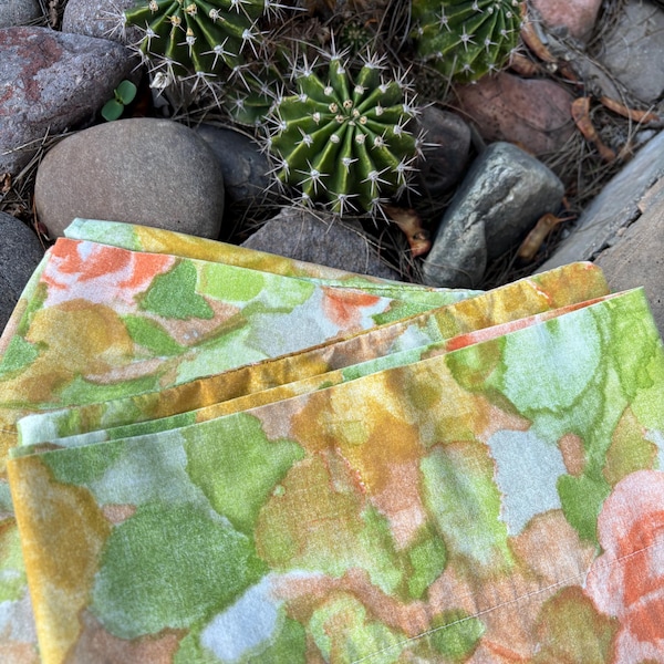 Vintage floral pillowcase pair, flower power Impressionism watercolor style pastel orange green tones floral abstract pillowcases