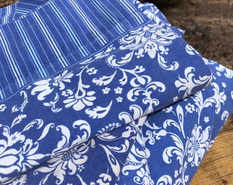 Vintage floral toile sheet set,80s royal blue+ white Ralph Lauren STYLE striped floral Full sheet set,mod botanical bedding WestpointStevens