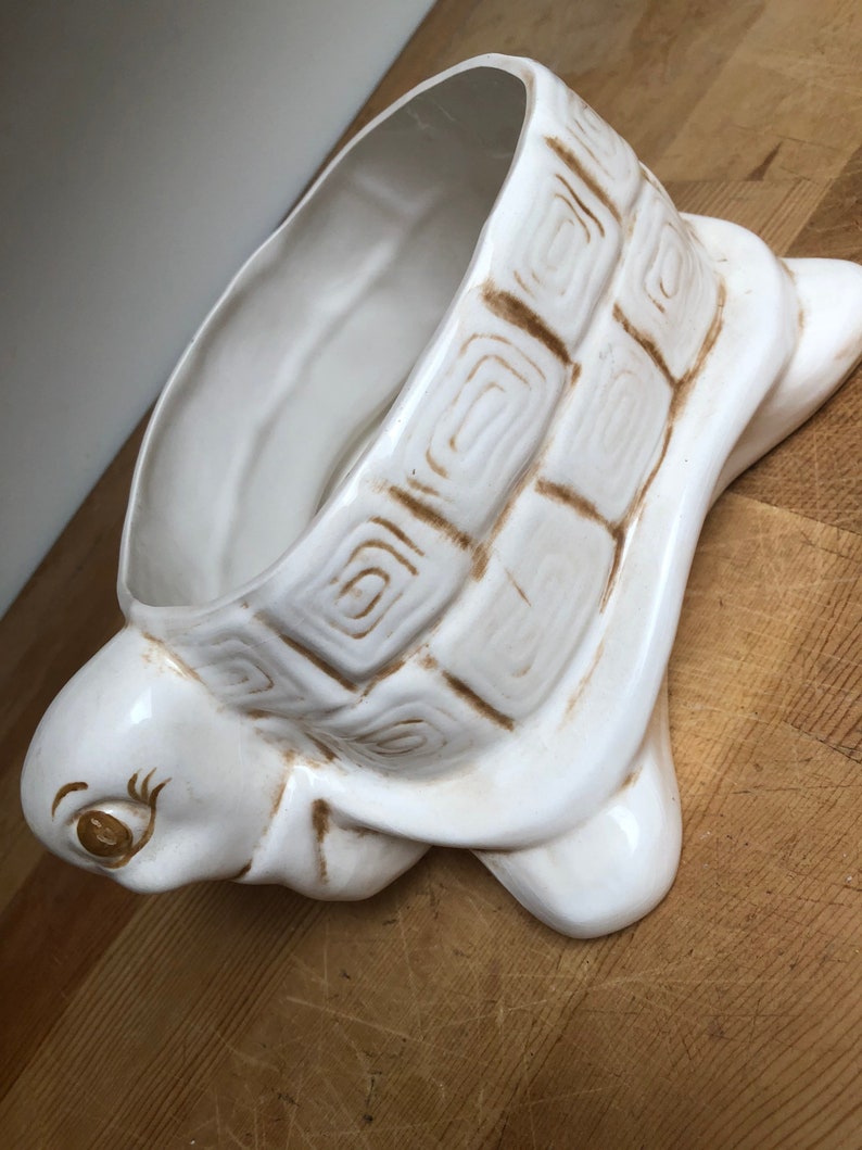 Puede incluir: Maceta de cer&aacute;mica blanca en forma de tortuga con un dise&ntilde;o de caparaz&oacute;n marr&oacute;n. La cabeza de la tortuga est&aacute; girada hacia un lado y tiene un ojo marr&oacute;n.