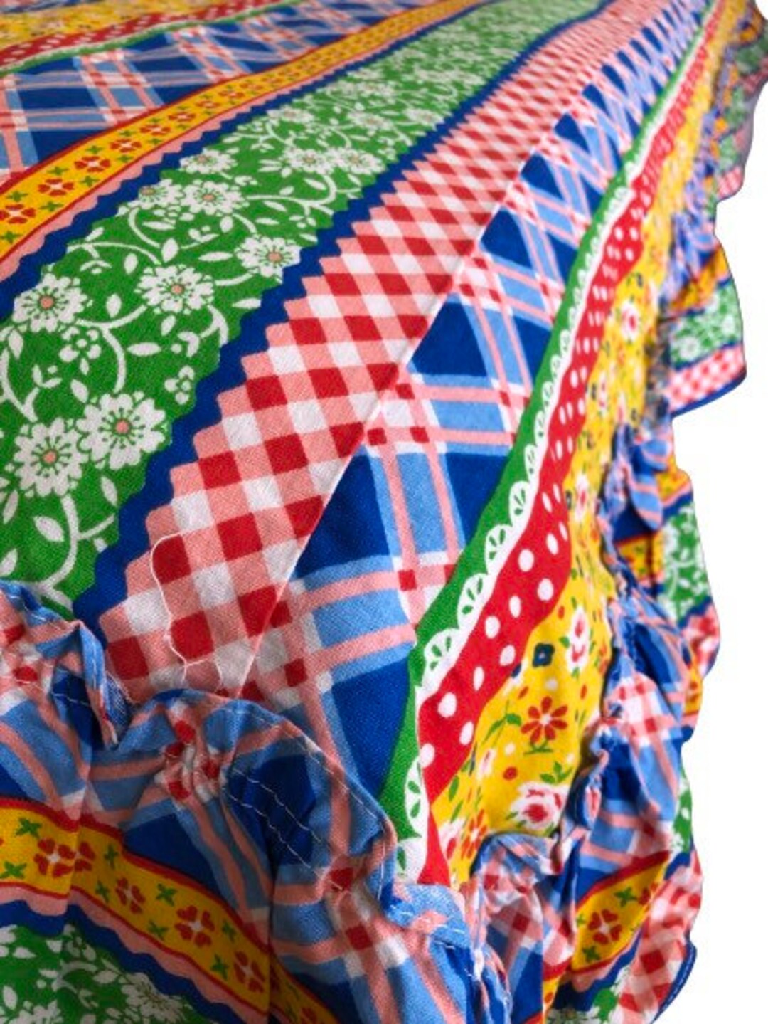Ric Rac Bedding Vintage Patchwork Cotton Coverlet Bedspread, 70s Gingham Flower Power ...
