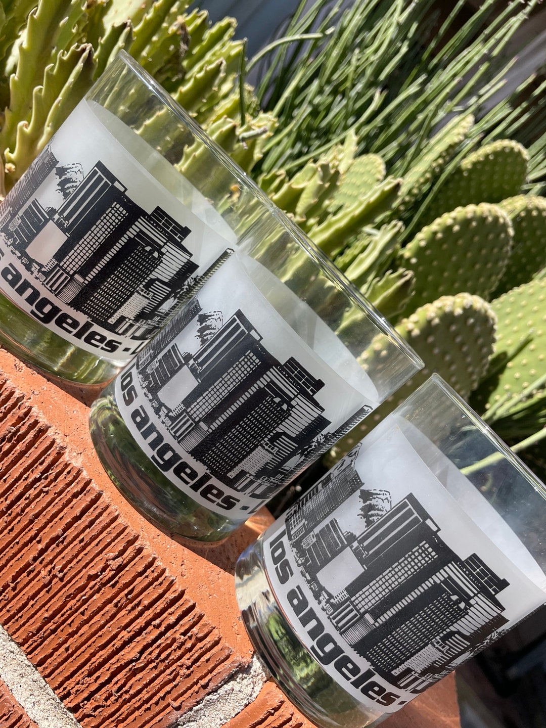 Vintage Los Angeles Glass Set Mod LA Skyline LAX Graphic Lowball