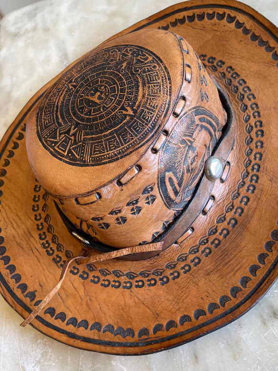 Vintage cowboy hat tooled laced leather cowboy ha… - image 10