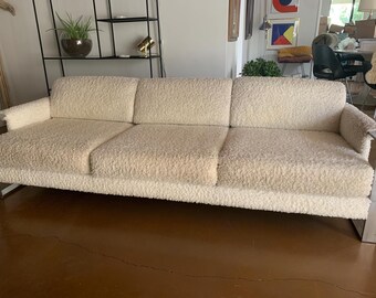Vintage Adrian Pearsall sofa, cream boucle low profile chrome 70s couch, MCM modern sofa mod seating READ DETAILS