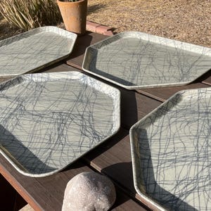 May include: Four hexagonal trays with a light gray background and a black abstract pattern. The trays are made of plastic and are arranged on a wooden surface.