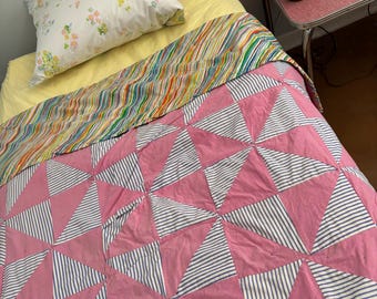 Vintage patchwork quilt, reversible rainbow stripe pink patchwork quilted blanket, Martex Streamers+ triangle patch Read DETAILS See PHOTOS