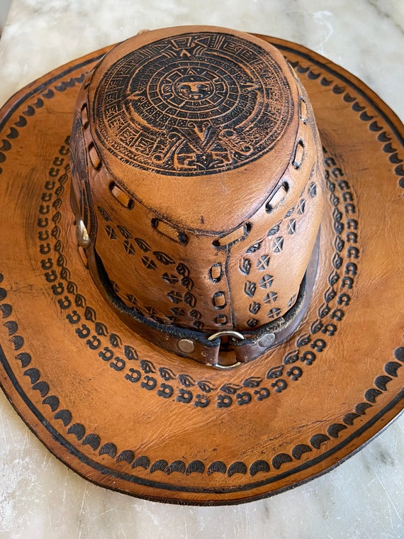 Vintage cowboy hat tooled laced leather cowboy ha… - image 1