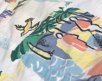 Vintage Martex Atelier sheet set, 80s  French Riviera Cote d’ Azur, St Tropez graphic mod French scenery twin sheet set