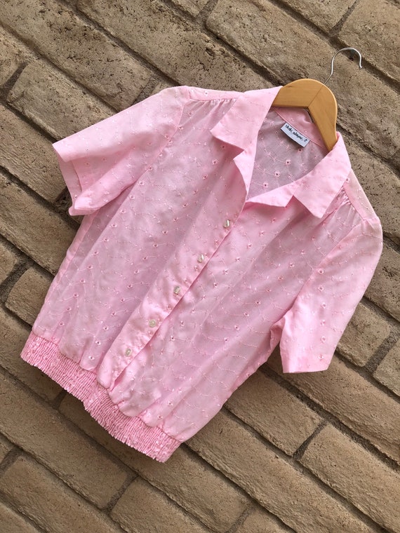 Vintage pink eyelet blouse 70s mod elastic gathere