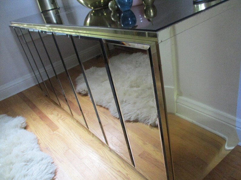 Mod Credenza Ello Mirrored Buffet Bronze Brass Cabinet 1980 S Hollywood Glam Sideboard Bar Dining Room Entryway