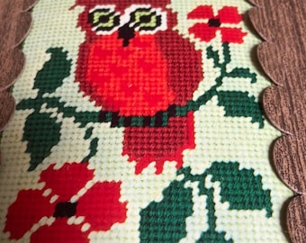 Suspension Murale Broderie Crewel Hiboux Dans Arbre - Vintage Années 60/70 - 17x24