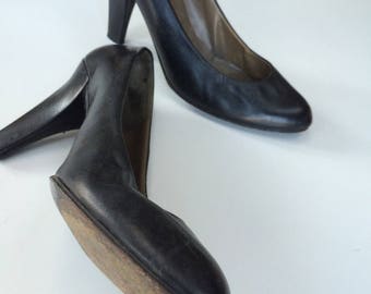 Vintage Charles Jourdan black heels size 7.5 French high heel pointy leather peek a boo pumps