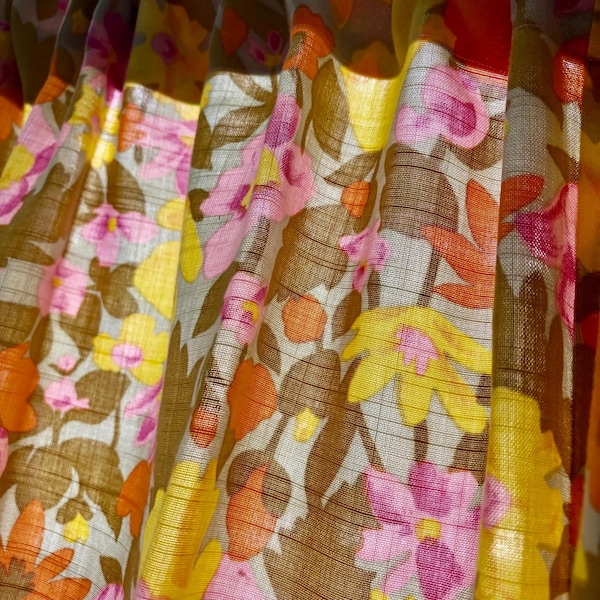 rideau vintage flower power, panneau de rideau floral mod floral orange jaune rose olive, rideau de douche en mélange de lin fleurs groovy des années 60/70 LIRE
