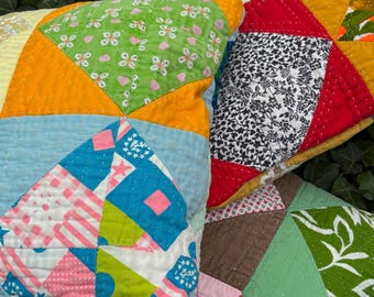 Vintage patchwork pillows,hippie quilted flower power cabin pillows,  decorative groovy pillow set, 70s mod throw pillows READ/SEE DETAILS