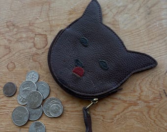 Vintage cat coin purse, pebbled leather cat face coin purse, brown textured leather kitten head lined coin pouch+leather fish zipper pull