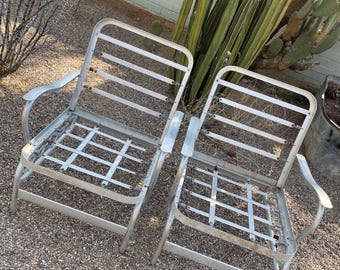 Vintage Aluminum chairs mid century modern patio pool porch chairs cabin cottage lounge chair pair 60s outdoor seating no cushions READ