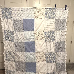 Handmade Blue and White Patchwork Quilt | French Country Cottagecore Throw | Ruffled Edge Gingham Toile Lap Quilt | Shabby Chic