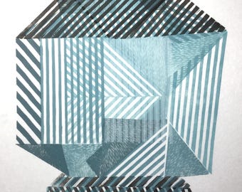 Magical Object,original linocut monotype print by Paulina Varregn, wall collectible art