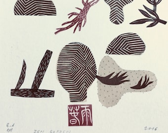 Zen Garden XX., original linocut monotype print by Paulina Varregn, tribal geometric art