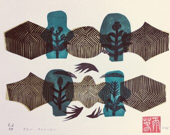 Zen Garden XXII. Original linocut monotype by Paulina Varregn, tribal home decor