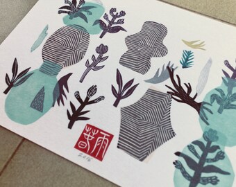 Zen garden XIX. Original linocut monotype by Paulina Varregn, tribal art