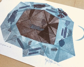 Magical Plant nr. 20, original linocut monotype print, wall art decor by Paulina Varregn